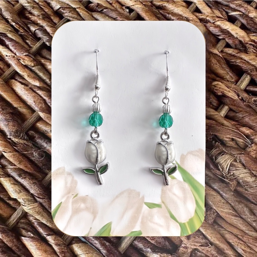 New Handmade Silver-Tone White Tulip Earrings with Green and Gold Accent Beads